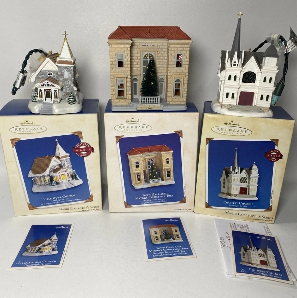 3 Hallmark Ornaments Country Church, Fieldstone Church & Town Hall Lighted